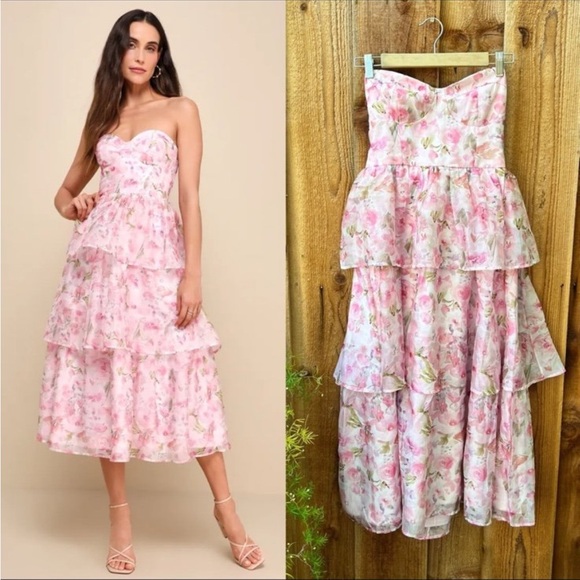 Lulu's Light Pink Floral Organza Bustier Sweetheart Midi Dress 🌿 - Picture 1 of 8